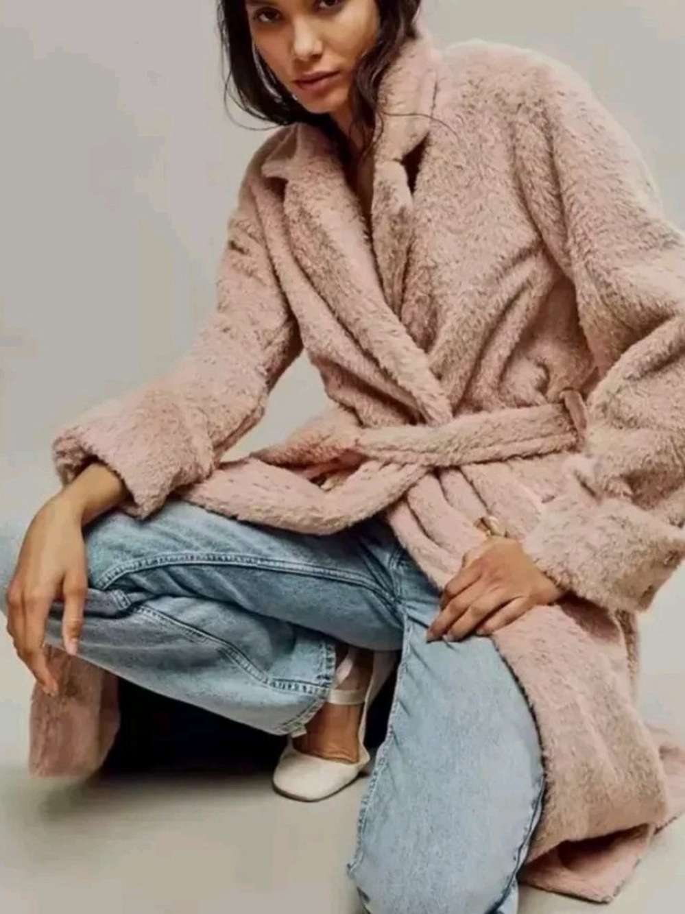 FREE PEOPLE Faux Fur Belted Coat - Blush Pink SZ S